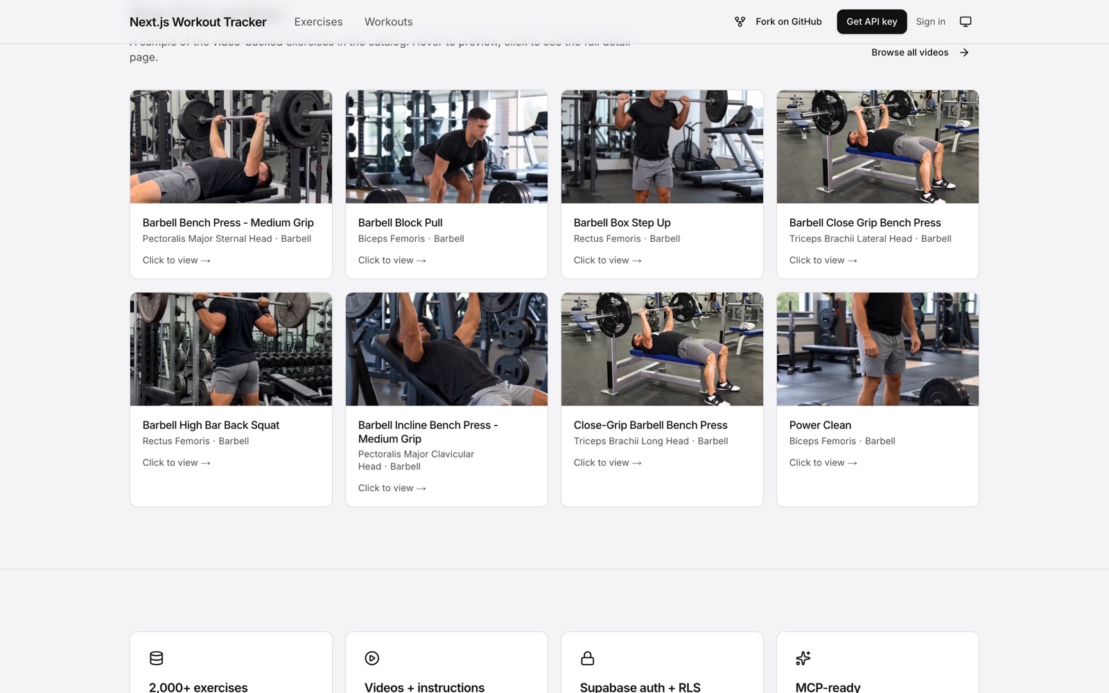 Grid of exercise videos from the Next.js Workout Tracker starter, showing real demo clips, muscle targets, and equipment tags